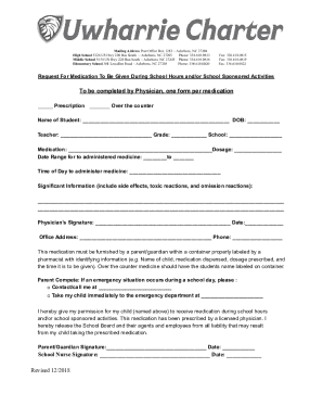 Request For Medication To Be Given During School Hours