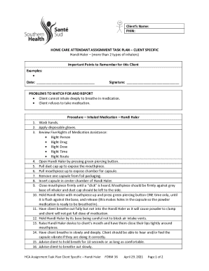 Home Care Attendant Assignment Task Plan for Handi Haler