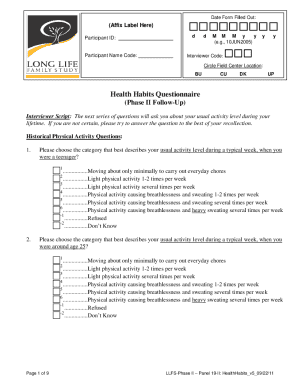 Health Habits Questionnaire Phase II Follow-Up