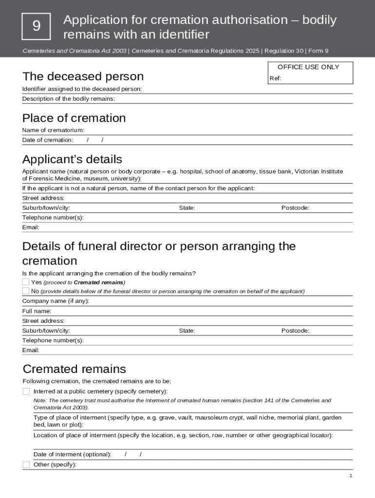 Application for Cremation Authorisation - Blank Fillable Template ...