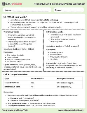 Transitive And Intransitive Verbs Worksheet