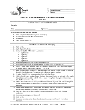 Home Care Attendant Assignment Task Plan – Nasal Spray