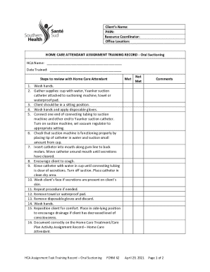 Home Care Attendant Assignment Training Record - Oral Suctioning