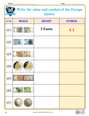 Europe Money Symbol Worksheet