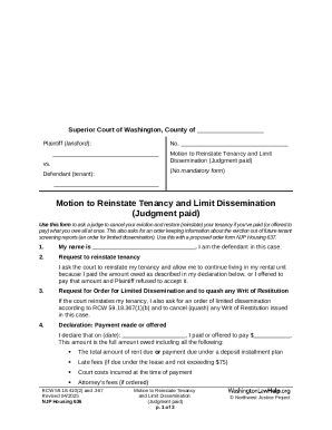 Motion to Reinstate Tenancy and Limit Dissemination