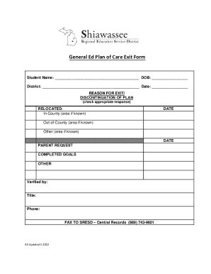 General Ed Plan of Care Exit Form