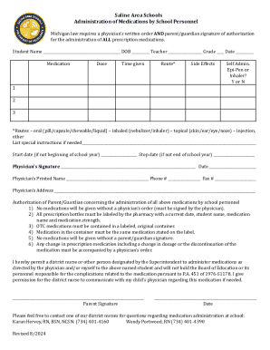 Saline Area Schools Medication Authorization Form