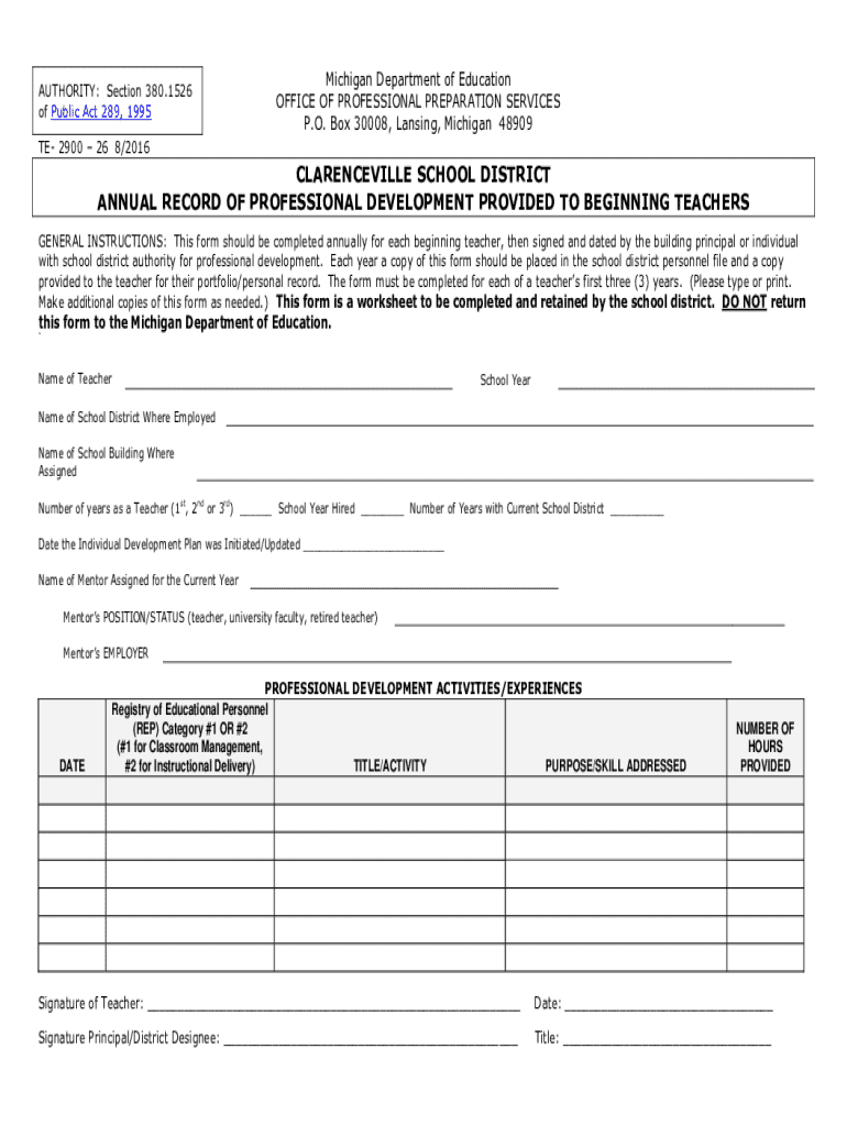 Michigan Beginning Teacher Professional Development Record Preview on Page 1