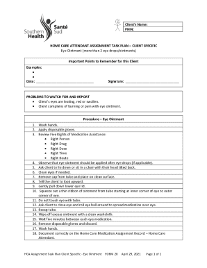 Home Care Attendant Assignment Task Plan - Eye Ointment