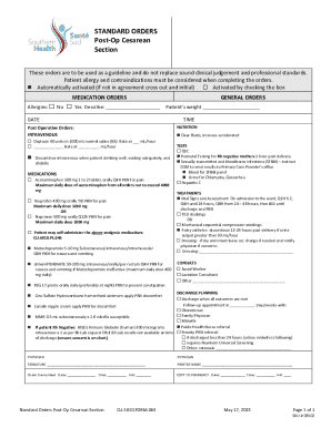 Standard Orders Post-Op Cesarean Section