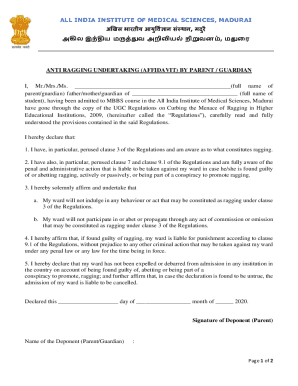 Anti Ragging Affidavit by Parent/Guardian