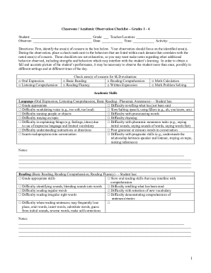 Classroom Academic Observation Checklist Grades 1-4