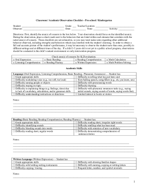 Classroom Academic Observation Checklist