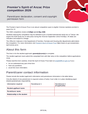 Premier’s Spirit of Anzac Prize 2026 Parent/Carer Consent Form