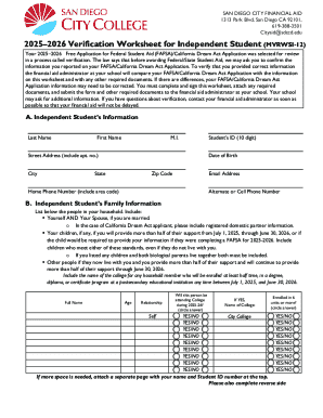 San Diego City College 2025-2026 Independent Verification Form