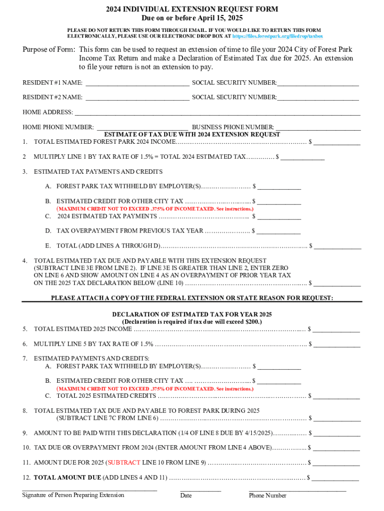 Extension Printable Form 2024 Forest Park Income Tax Extension Request Form - Blank Fillable ...