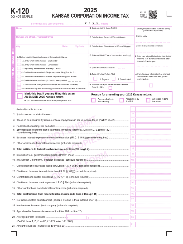 Kansas Corporation Income Tax Form K-120 2025 Preview on Page 1