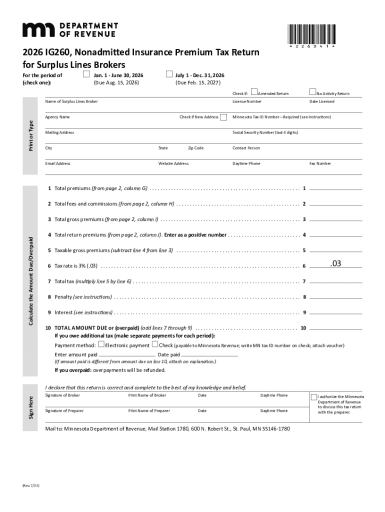 Minnesota Nonadmitted Insurance Premium Tax Return Preview on Page 1