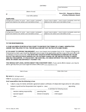 Ontario Form 32.1: Request to Enforce a Family Arbitration Award