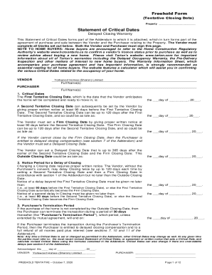 Freehold Form Tentative Closing Date