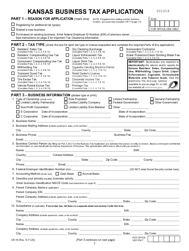 Kansas Business Tax Application Preview on Page 1