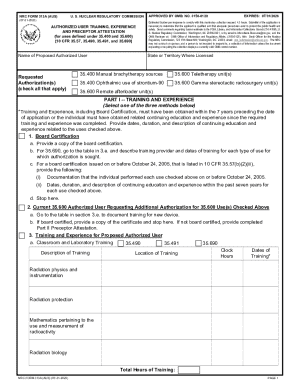 NRC Form 313A Authorized User Training and Experience