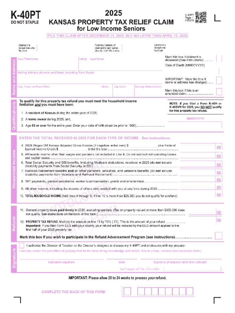 Kansas Property Tax Relief Claim for Low Income Seniors Preview on Page 1