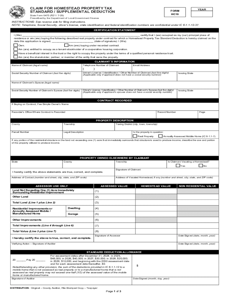 Indiana Homestead Property Tax Claim Form Preview on Page 1