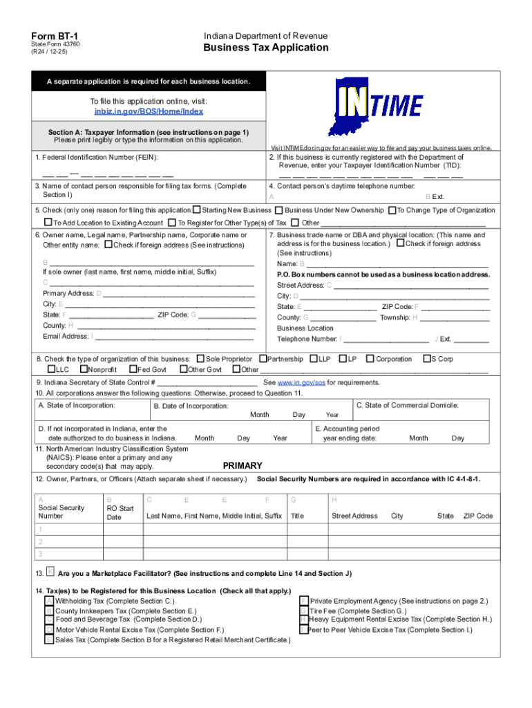 Indiana Business Tax Application Form BT-1 Preview on Page 1