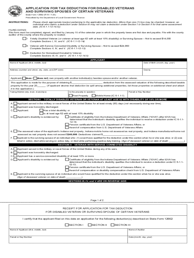 Indiana Disabled Veteran Tax Deduction Form Preview on Page 1