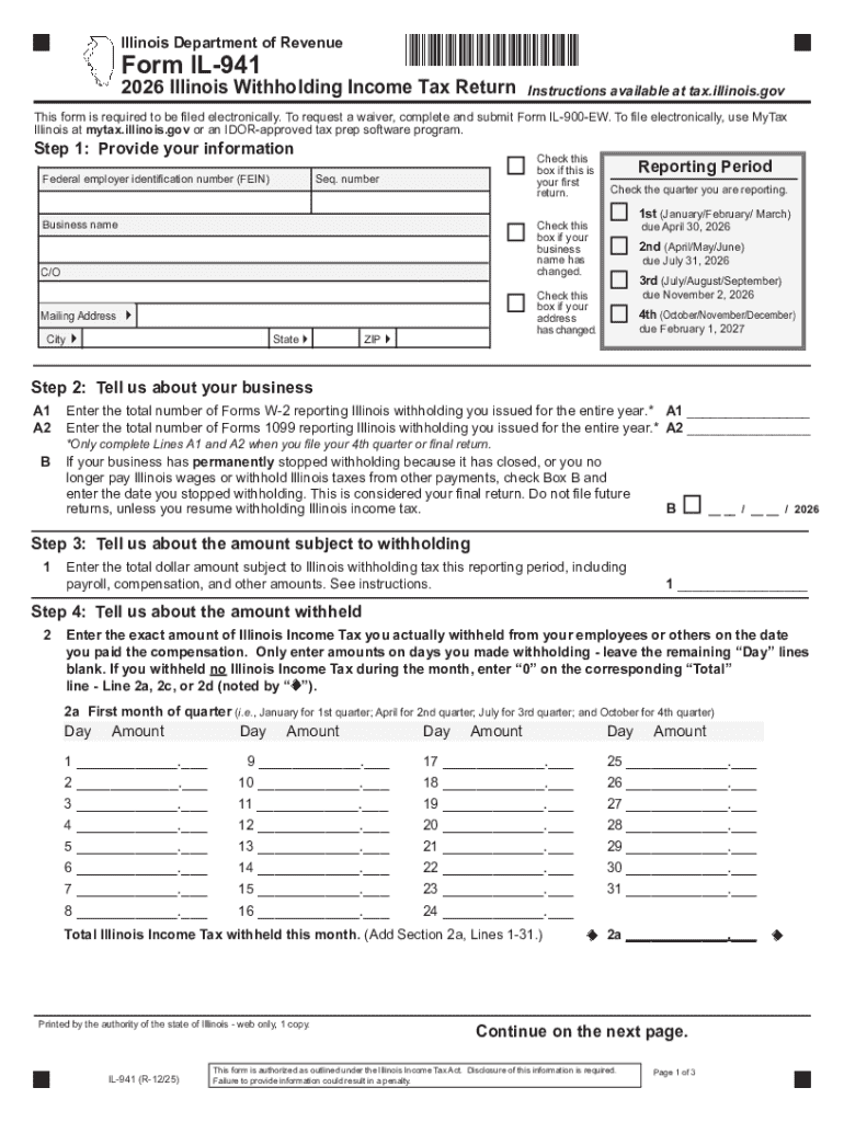 2026 Illinois Withholding Income Tax Return Form IL-941 Preview on Page 1
