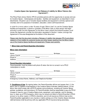 Creative Space Use Agreement and Release of Liability for Minor Patrons