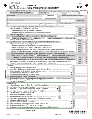 Idaho Corporation Income Tax Return Form 41 2025