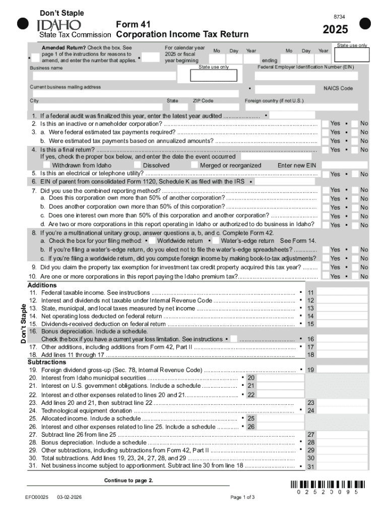 Idaho Corporation Income Tax Return Form 41 2025 Preview on Page 1