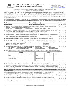 USDA School Food Service Site Monitoring Worksheet