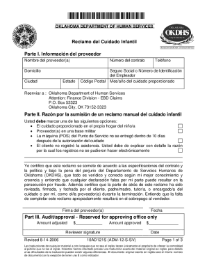Oklahoma Child Care Claim Form