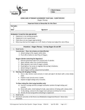 Home Care Attendant Assignment Task Plan for Oxygen Therapy