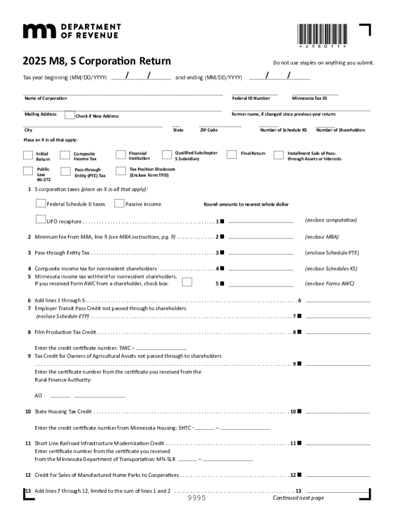 2025 Minnesota S Corporation Tax Return Form M8 - Fill Out, Sign ...