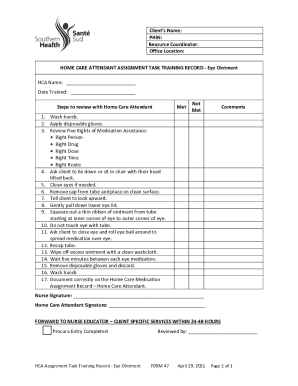 Home Care Attendant Assignment Task Training Record - Eye Ointment