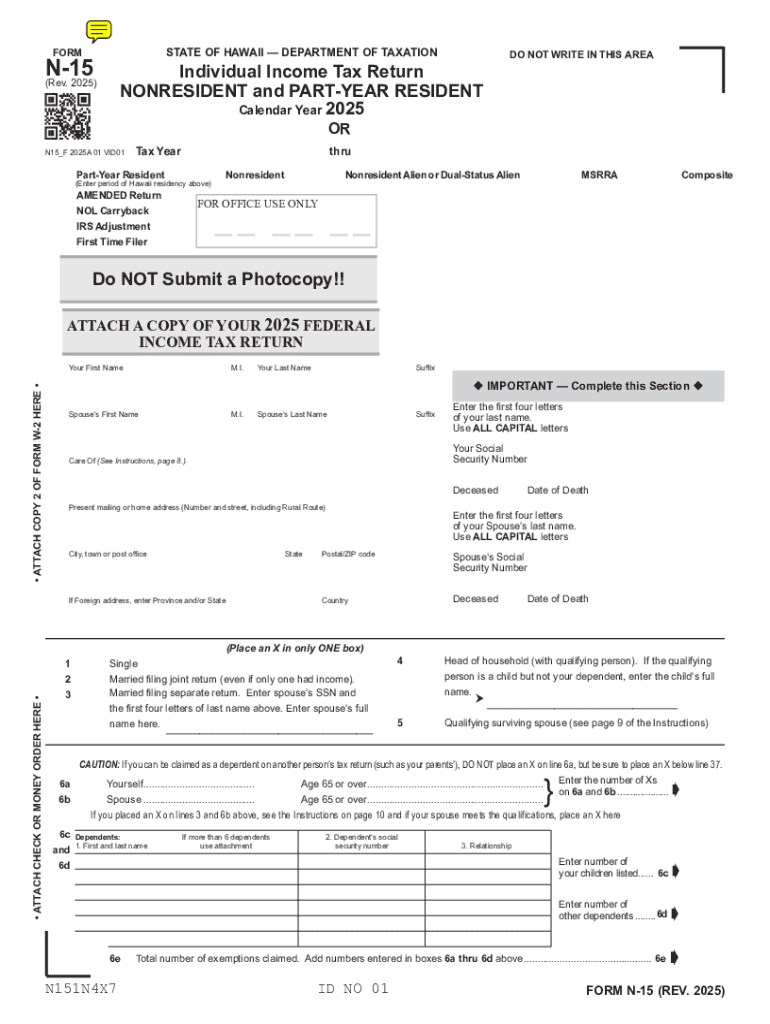 N-15 Rev 2025 NonResident and Part-Year Resident Income Tax Return Forms 2025 - Fillable Preview on Page 1