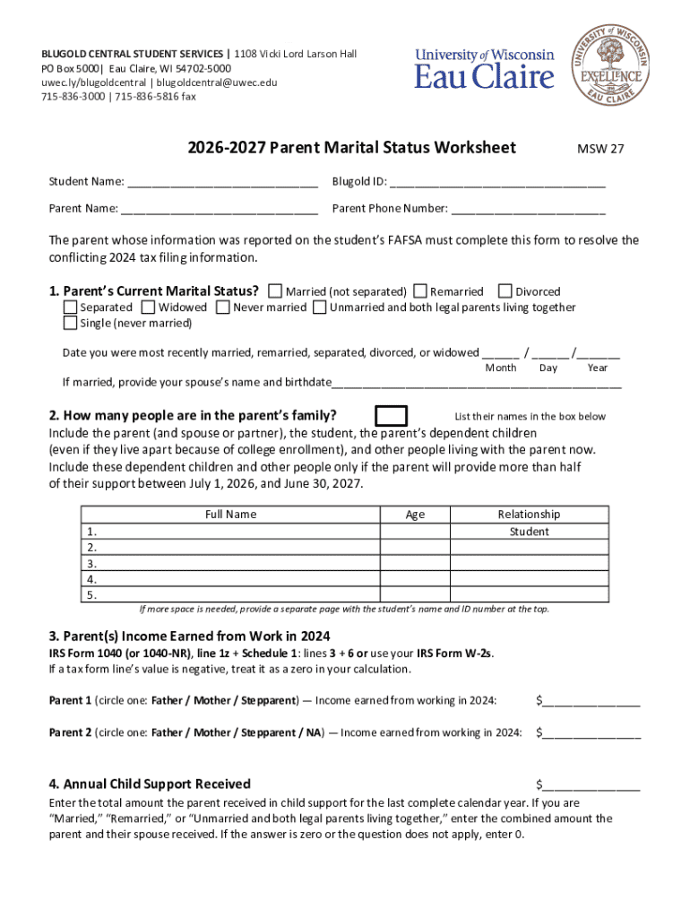 Filled Work Status Worksheet.pdf 2026-2027 Parent Marital Status Worksheet - Blank Fillable Template ...