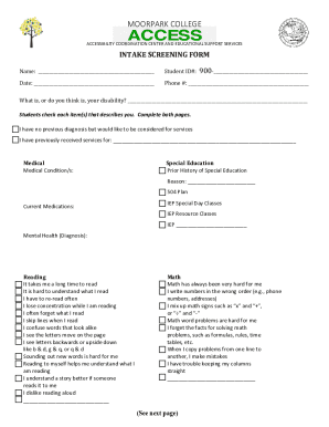Intake Screening Form for Educational Support Services