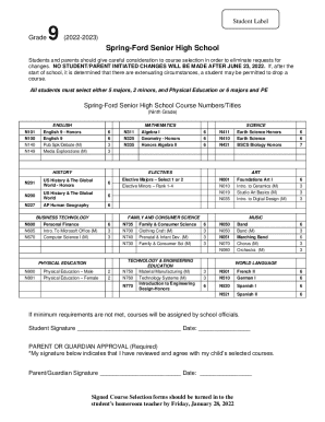Spring-Ford High School Course Selection Form