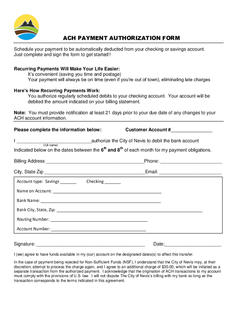 ACH Payment Authorization Form - Blank Fillable Template | Fill Out ...