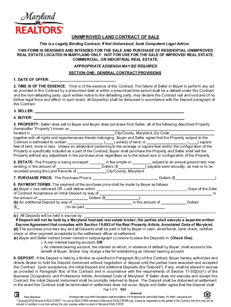 Maryland Unimproved Land Contract of Sale Preview on Page 1