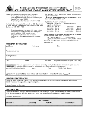 South Carolina Year of Manufacture License Plate Application