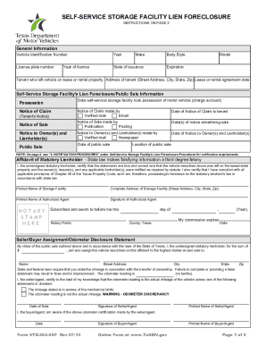 Texas Self-Service Storage Facility Lien Foreclosure Form