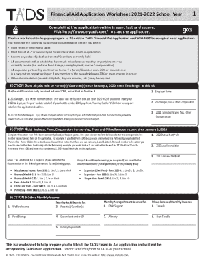 TADS Financial Aid Application Worksheet