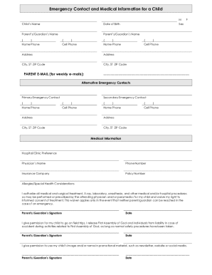 Emergency Contact and Medical Information for a Child