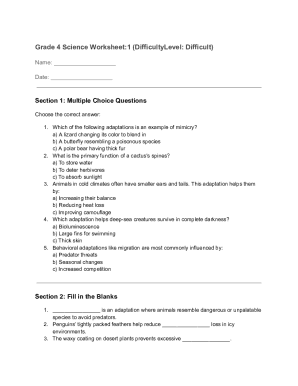 Grade 4 Science Worksheet: Adaptations